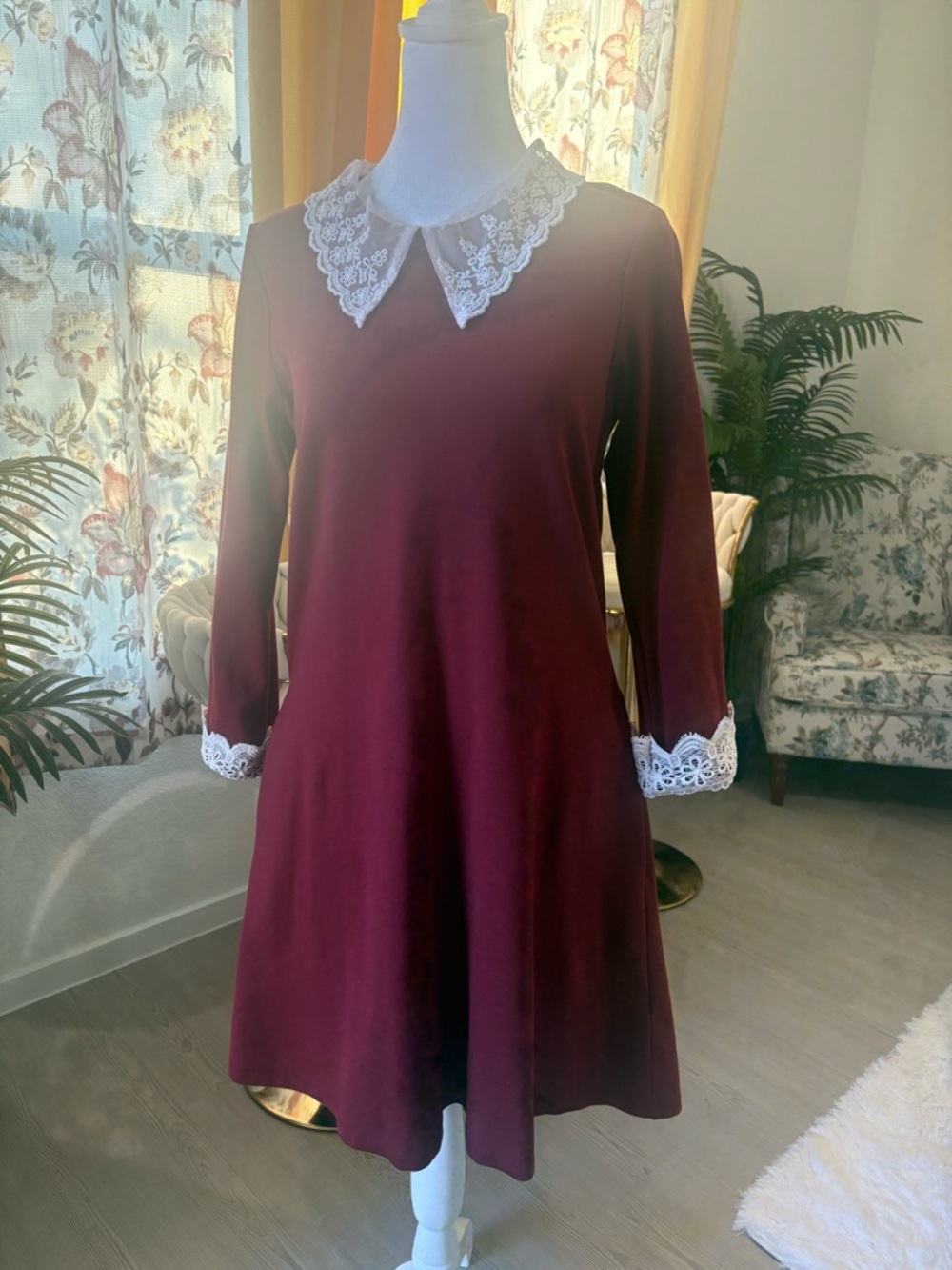 Modcloth Burgundy Dress with White Lace Collar and Cuffs